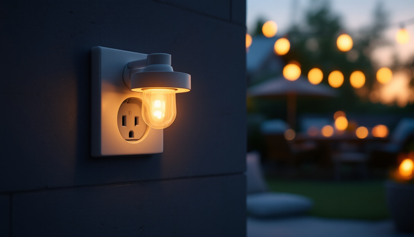 A photograph of a beautifully lit outdoor socket light illuminating a cozy patio or garden setting at dusk