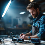 A photograph of a lighting contractor in a workshop setting