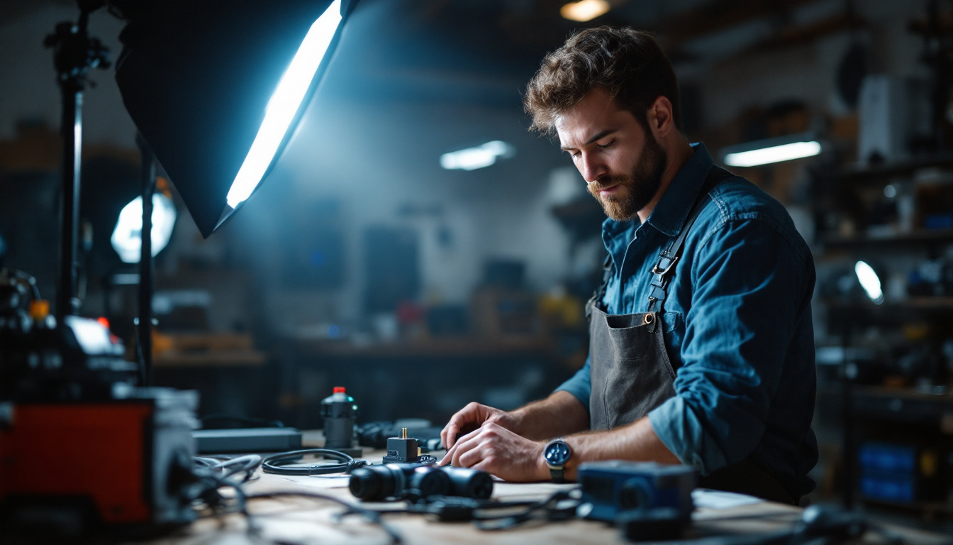 A photograph of a lighting contractor in a workshop setting
