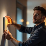 A photograph of a skilled lighting contractor demonstrating the installation of a dimmable switch for led lights in a modern home setting