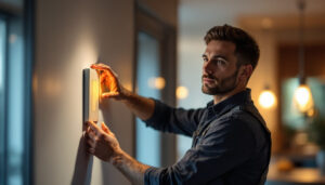 A photograph of a skilled lighting contractor demonstrating the installation of a dimmable switch for led lights in a modern home setting