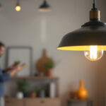 A photograph of a stylish pendant lamp hanging in a modern interior setting