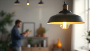 A photograph of a stylish pendant lamp hanging in a modern interior setting