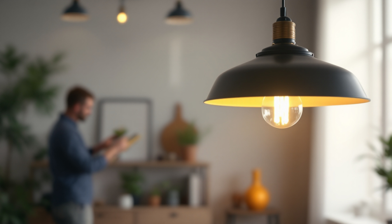 A photograph of a stylish pendant lamp hanging in a modern interior setting