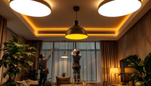 A photograph of a modern room featuring stylish led ceiling lights