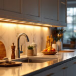 A photograph of a beautifully lit kitchen featuring stylish undercounter lighting that highlights the countertops and creates a warm