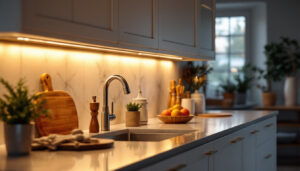 A photograph of a beautifully lit kitchen featuring stylish undercounter lighting that highlights the countertops and creates a warm