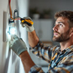 A photograph of a lighting contractor installing a motion detector outlet in a residential setting