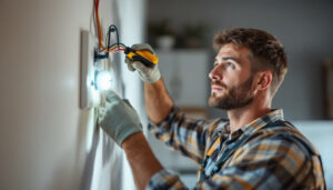 A photograph of a lighting contractor installing a motion detector outlet in a residential setting