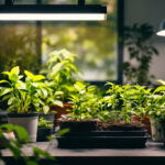 A photograph of a well-lit indoor gardening setup featuring various grow lights in action