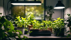 A photograph of a well-lit indoor gardening setup featuring various grow lights in action