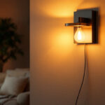 A photograph of a beautifully designed indoor sconce illuminating a cozy living space