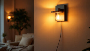 A photograph of a beautifully designed indoor sconce illuminating a cozy living space