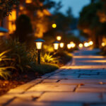 A photograph of a beautifully illuminated walkway featuring solar lighting at dusk