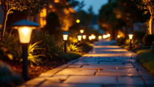 A photograph of a beautifully illuminated walkway featuring solar lighting at dusk
