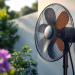 A photograph of a stylish solar-powered exterior fan installed in a beautifully landscaped outdoor space
