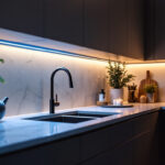 A photograph of a modern kitchen featuring sleek under-cabinet led tape lighting that highlights the countertops