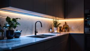 A photograph of a modern kitchen featuring sleek under-cabinet led tape lighting that highlights the countertops
