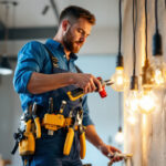 A photograph of a skilled electrician using a variety of electrical hand tools