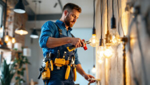 A photograph of a skilled electrician using a variety of electrical hand tools