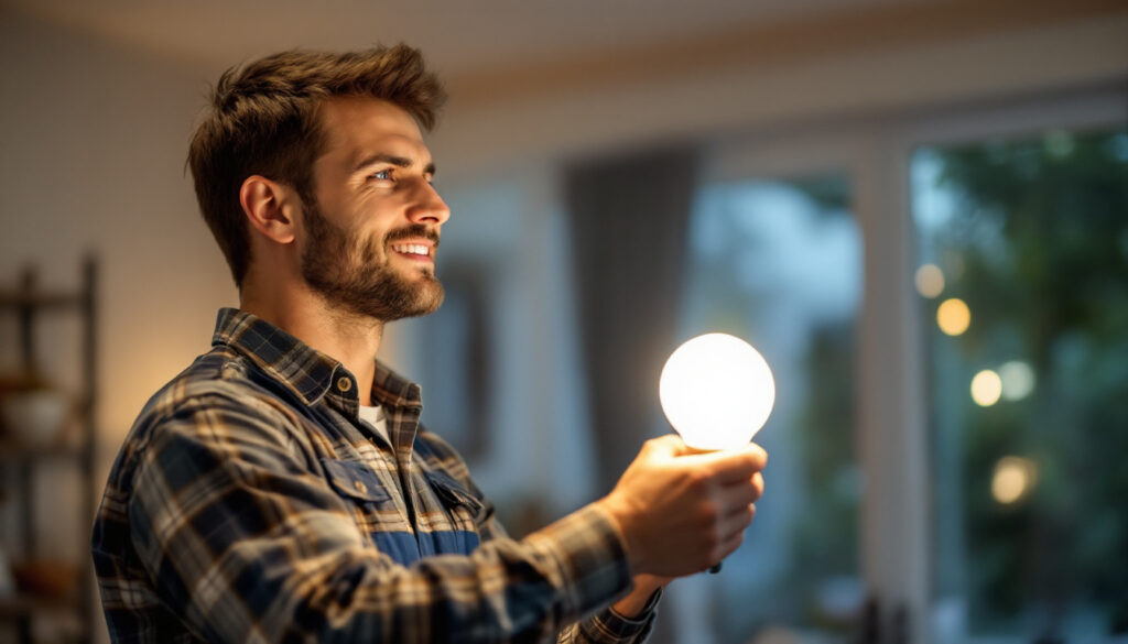A photograph of a lighting contractor installing sylvania lightbulbs in a residential setting