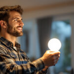 A photograph of a lighting contractor installing sylvania lightbulbs in a residential setting