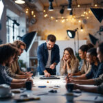 A photograph of a diverse team of professionals engaged in a hands-on lighting workshop