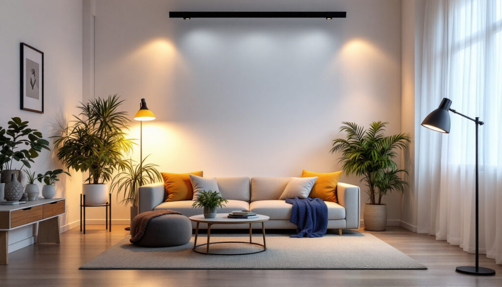 A photograph of a well-lit room showcasing various lighting installations using led light kits