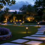 A photograph of a beautifully landscaped yard at dusk
