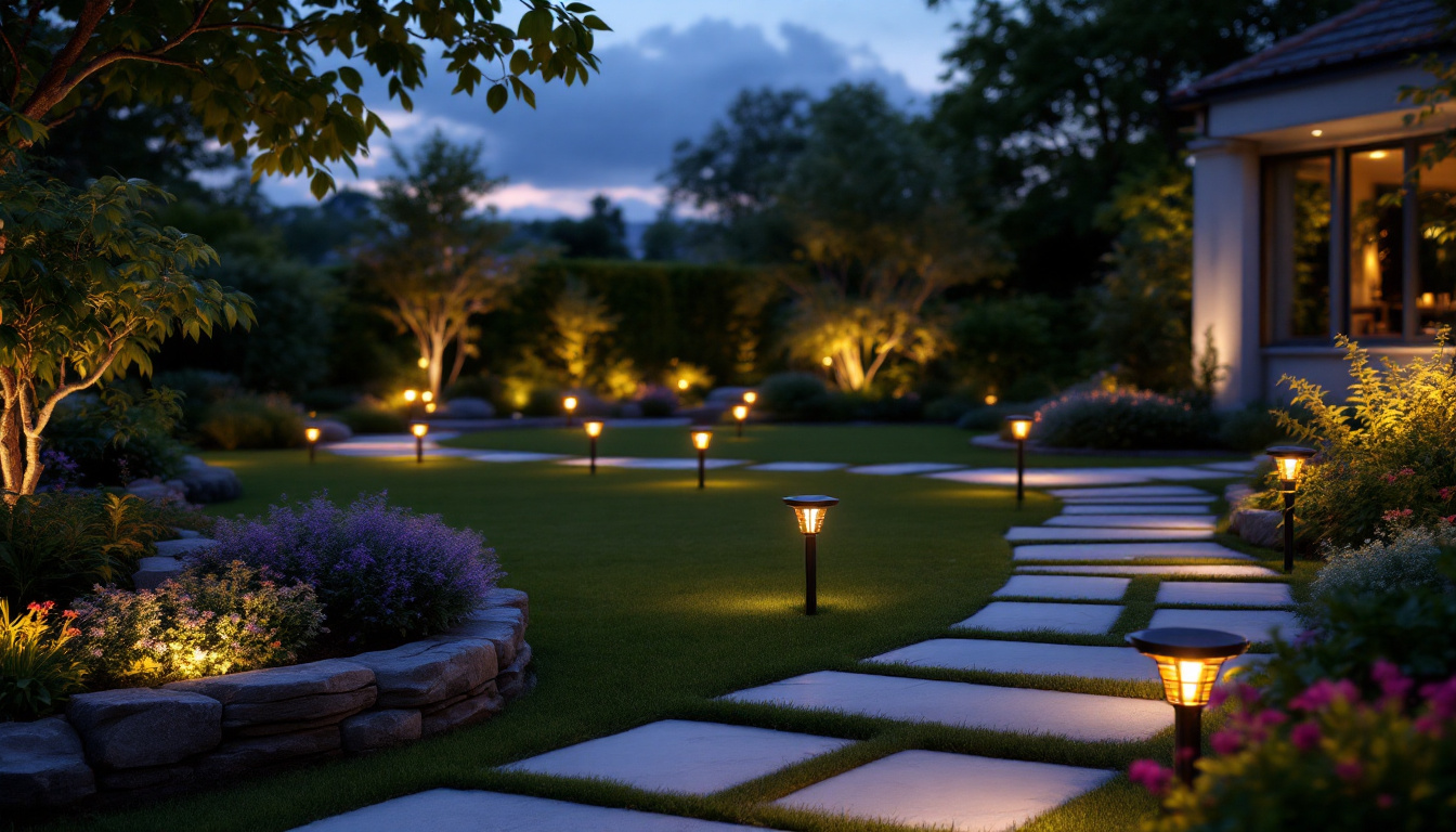 A photograph of a beautifully landscaped yard at dusk