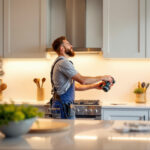 A photograph of a beautifully designed kitchen featuring under cabinet led lights that highlight the countertops and create a warm