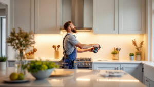 A photograph of a beautifully designed kitchen featuring under cabinet led lights that highlight the countertops and create a warm