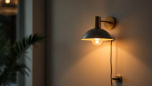 A photograph of a stylish wall light fixture plugged in