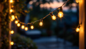 A photograph of a beautifully illuminated outdoor space featuring a string or rope of solar led lights