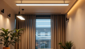 A photograph of a well-lit commercial or residential space showcasing various linear light fixtures in use