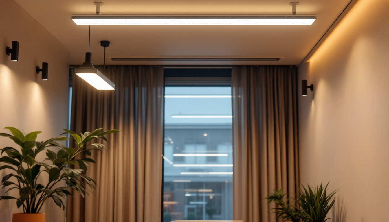 A photograph of a well-lit commercial or residential space showcasing various linear light fixtures in use