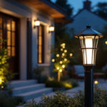 A photograph of a well-lit outdoor setting featuring a stylish led post lantern prominently displayed alongside traditional lighting alternatives