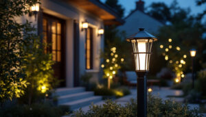 A photograph of a well-lit outdoor setting featuring a stylish led post lantern prominently displayed alongside traditional lighting alternatives