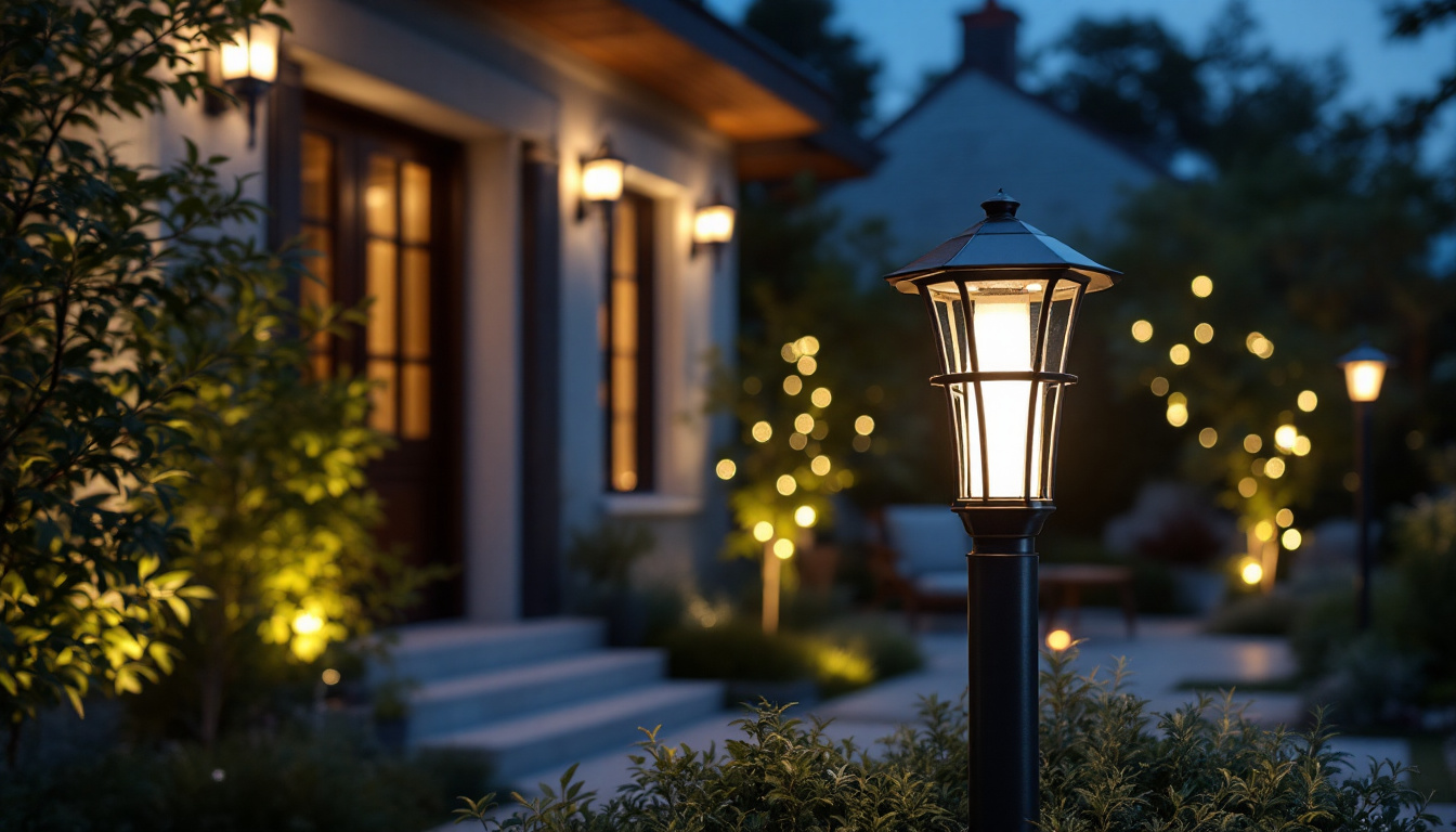 A photograph of a well-lit outdoor setting featuring a stylish led post lantern prominently displayed alongside traditional lighting alternatives