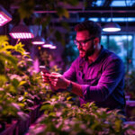 A photograph of a lighting contractor installing or showcasing a vibrant led lamp grow light in a modern indoor garden or greenhouse setting