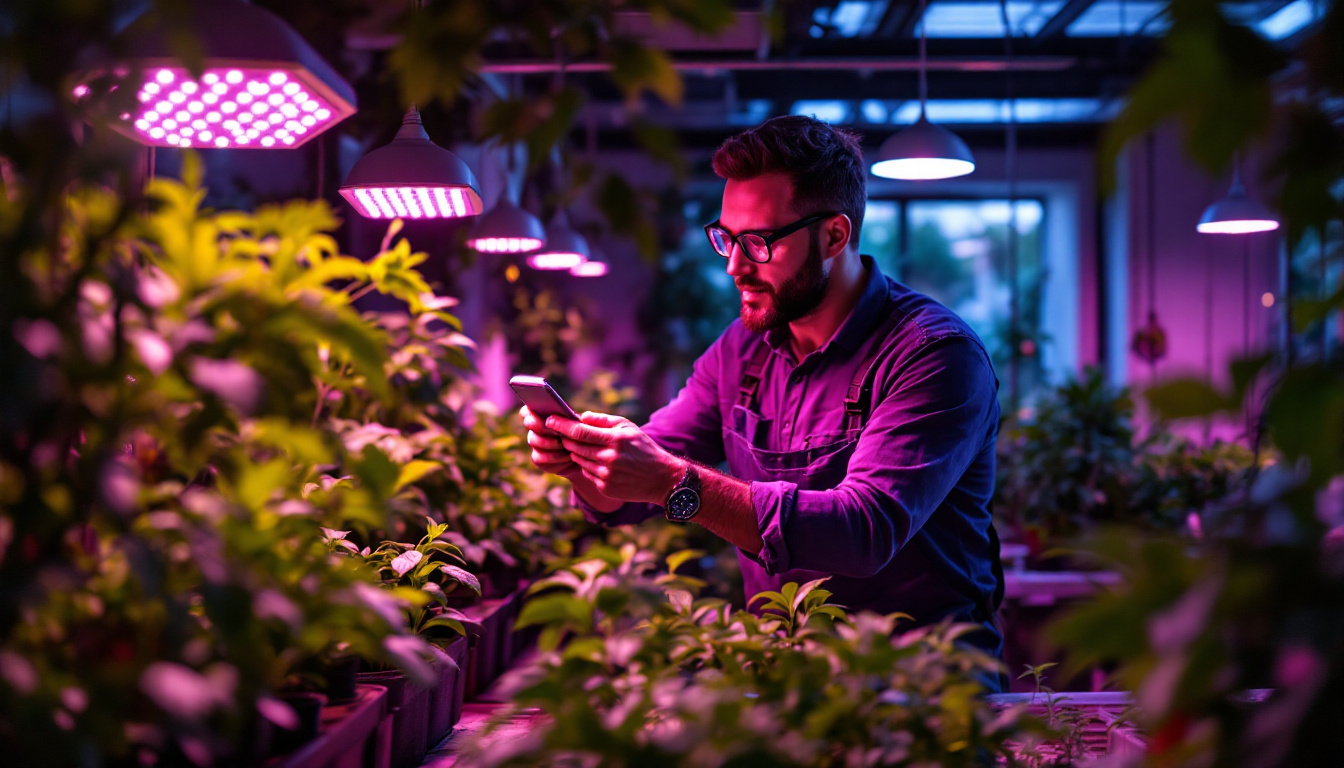 A photograph of a lighting contractor installing or showcasing a vibrant led lamp grow light in a modern indoor garden or greenhouse setting