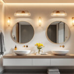 A photograph of a beautifully designed bathroom showcasing stylish light fixtures that enhance the space