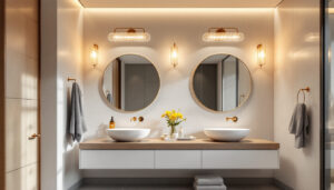 A photograph of a beautifully designed bathroom showcasing stylish light fixtures that enhance the space