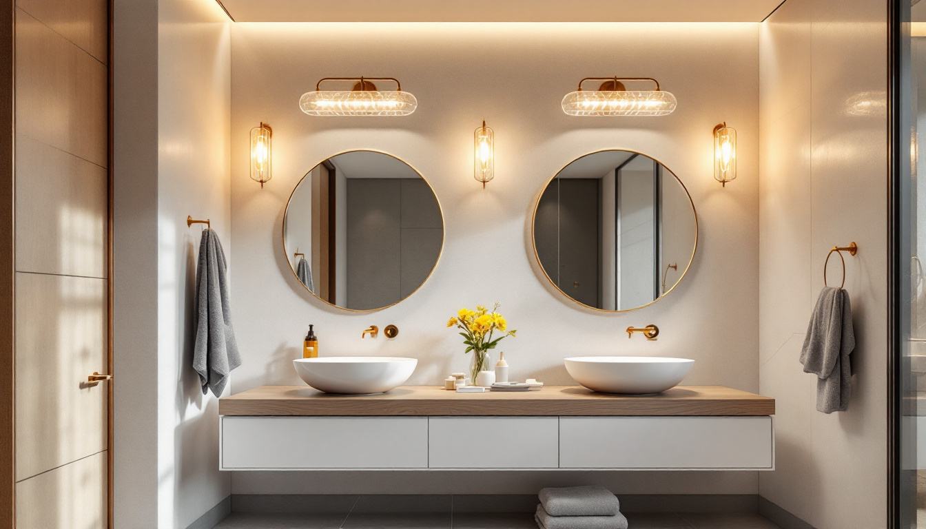 A photograph of a beautifully designed bathroom showcasing stylish light fixtures that enhance the space