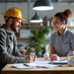 A photograph of a lighting contractor engaging with a satisfied customer in a well-lit