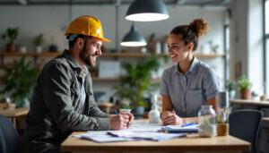 A photograph of a lighting contractor engaging with a satisfied customer in a well-lit