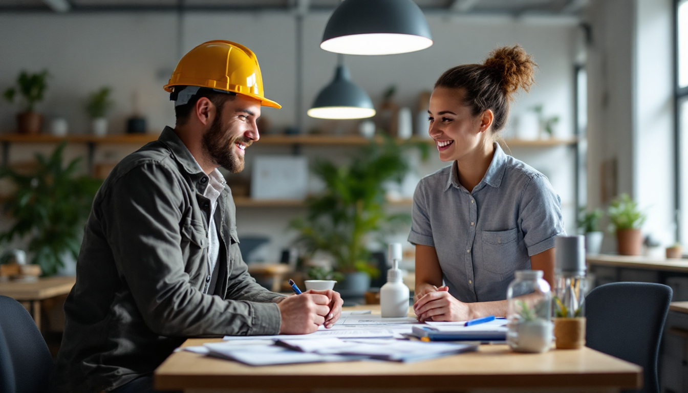 A photograph of a lighting contractor engaging with a satisfied customer in a well-lit