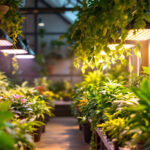 A photograph of a well-lit indoor garden or greenhouse featuring vibrant plants illuminated by various types of led grow lights