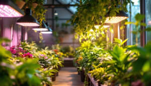 A photograph of a well-lit indoor garden or greenhouse featuring vibrant plants illuminated by various types of led grow lights