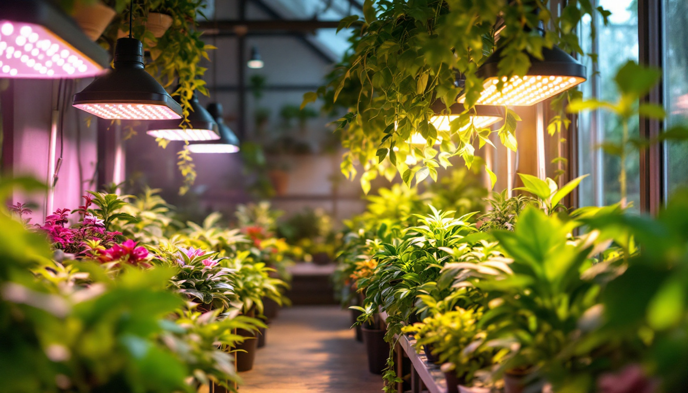 A photograph of a well-lit indoor garden or greenhouse featuring vibrant plants illuminated by various types of led grow lights